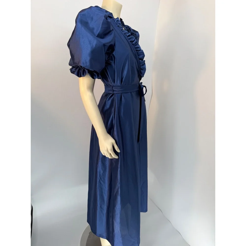 Vintage Puff‎ Sleeve Satin Robe Royal Blue Ruffle Neck Tie Waist Maxi Wrap M/L